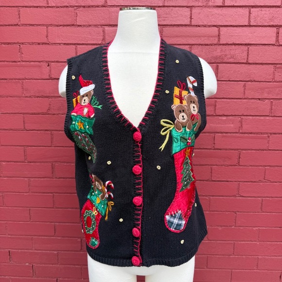 Vintage Nutcracker Ugly Christmas Sweater Vest Teddy Bear Holiday Knit Medium - Picture 1 of 7